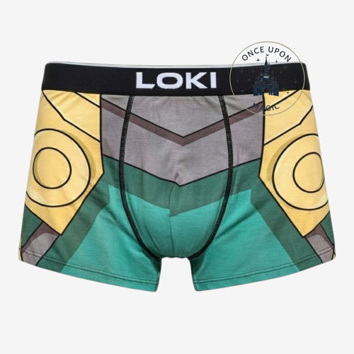 Once Upon Magic Loki God of Mischief boxer briefs with green, gold, and grey Asgardian armor print and black waistband with LOKI text.