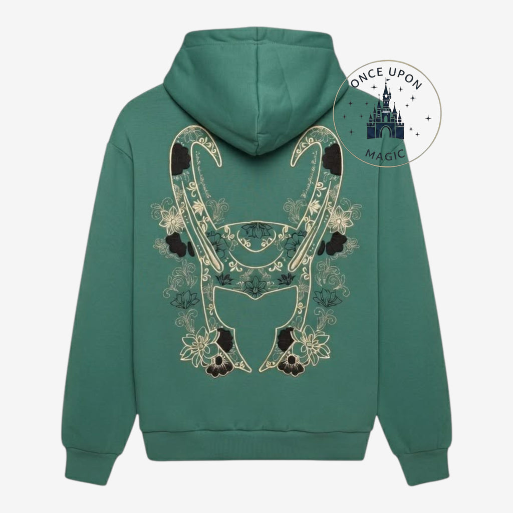 Once Upon Magic green Marvel Loki hoodie with a decorative gold and black helmet graphic on the back.