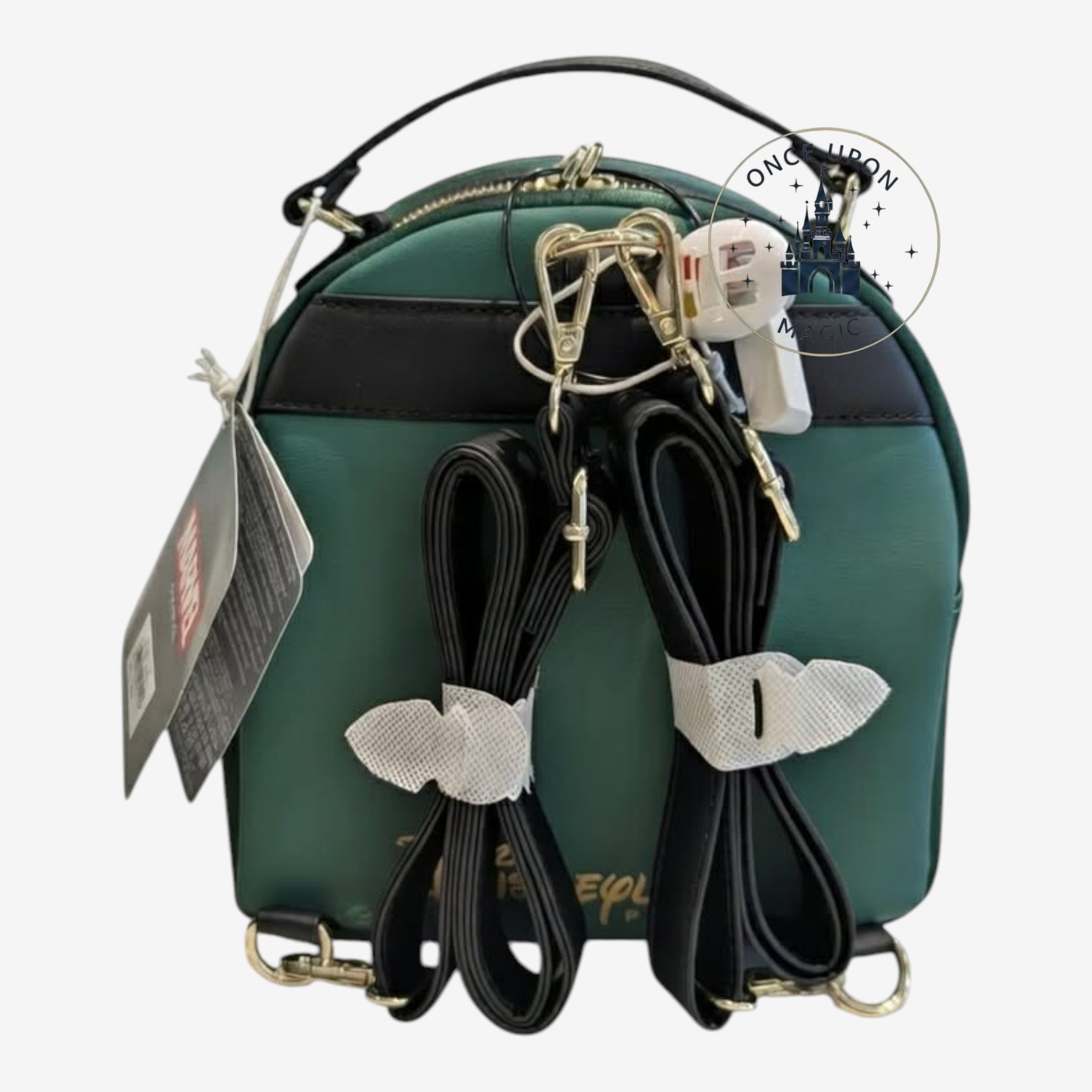 Once Upon Magic green faux leather Loki Marvel mini backpack with gold details and black straps.