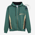 Once Upon Magic green Marvel Loki zip-up hoodie with gold and black accents and embroidered logo on the chest.