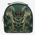 Once Upon Magic green faux leather Loki mini backpack with gold floral and horn details. Marvel Loungefly.