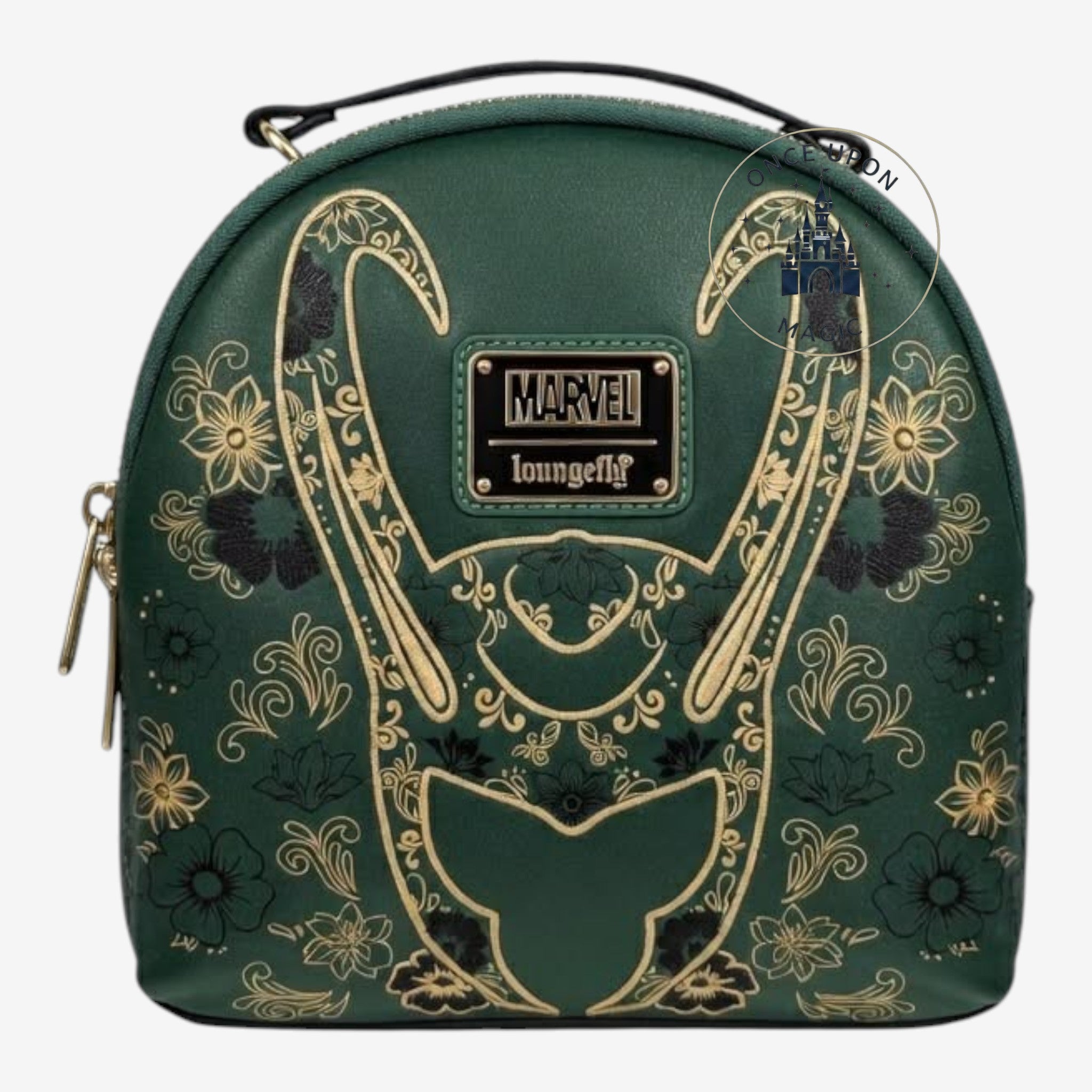 Once Upon Magic green faux leather Loki mini backpack with gold floral and horn details. Marvel Loungefly.