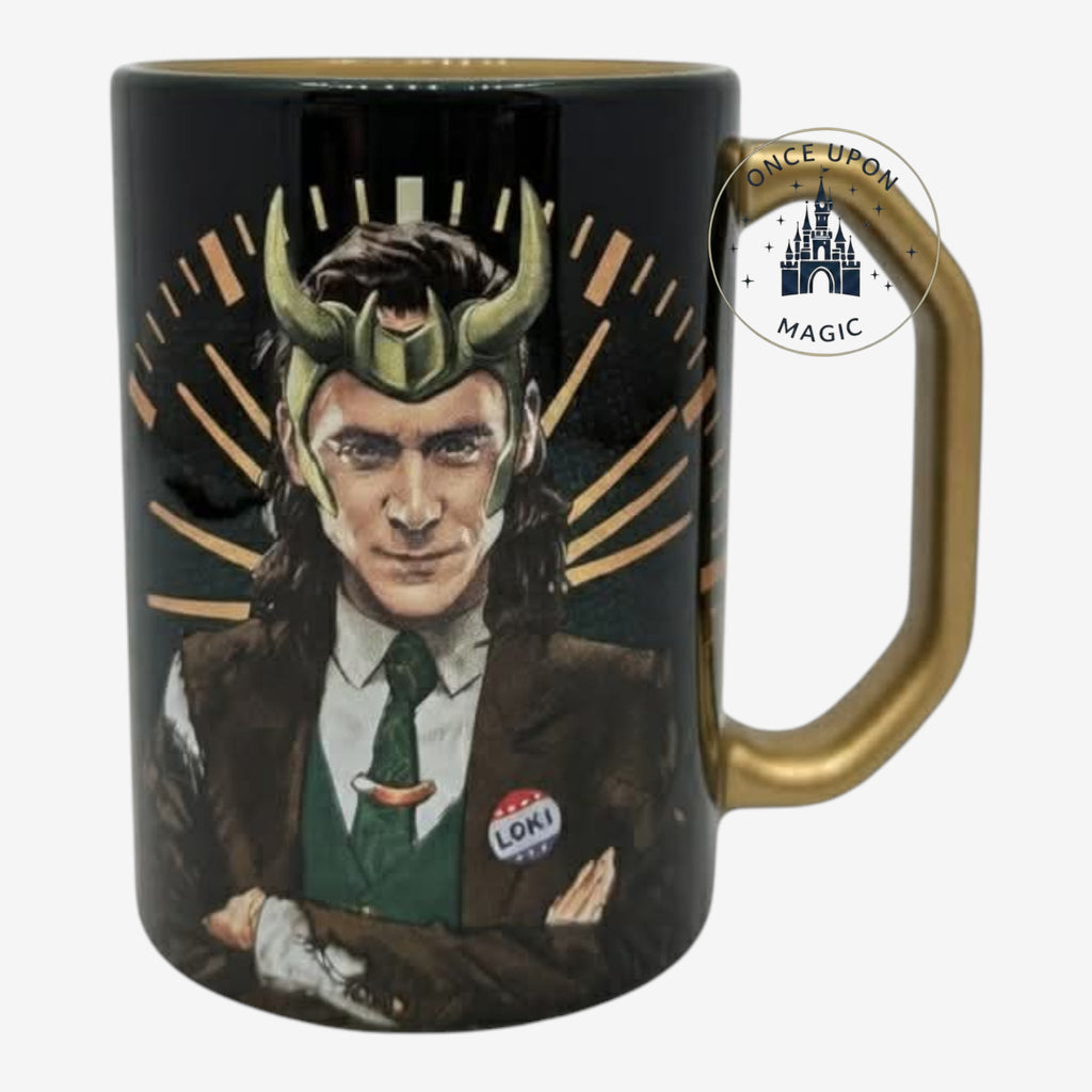 Once Upon Magic black and gold Loki mug with character portrait and "Come on, what did you expect" text.