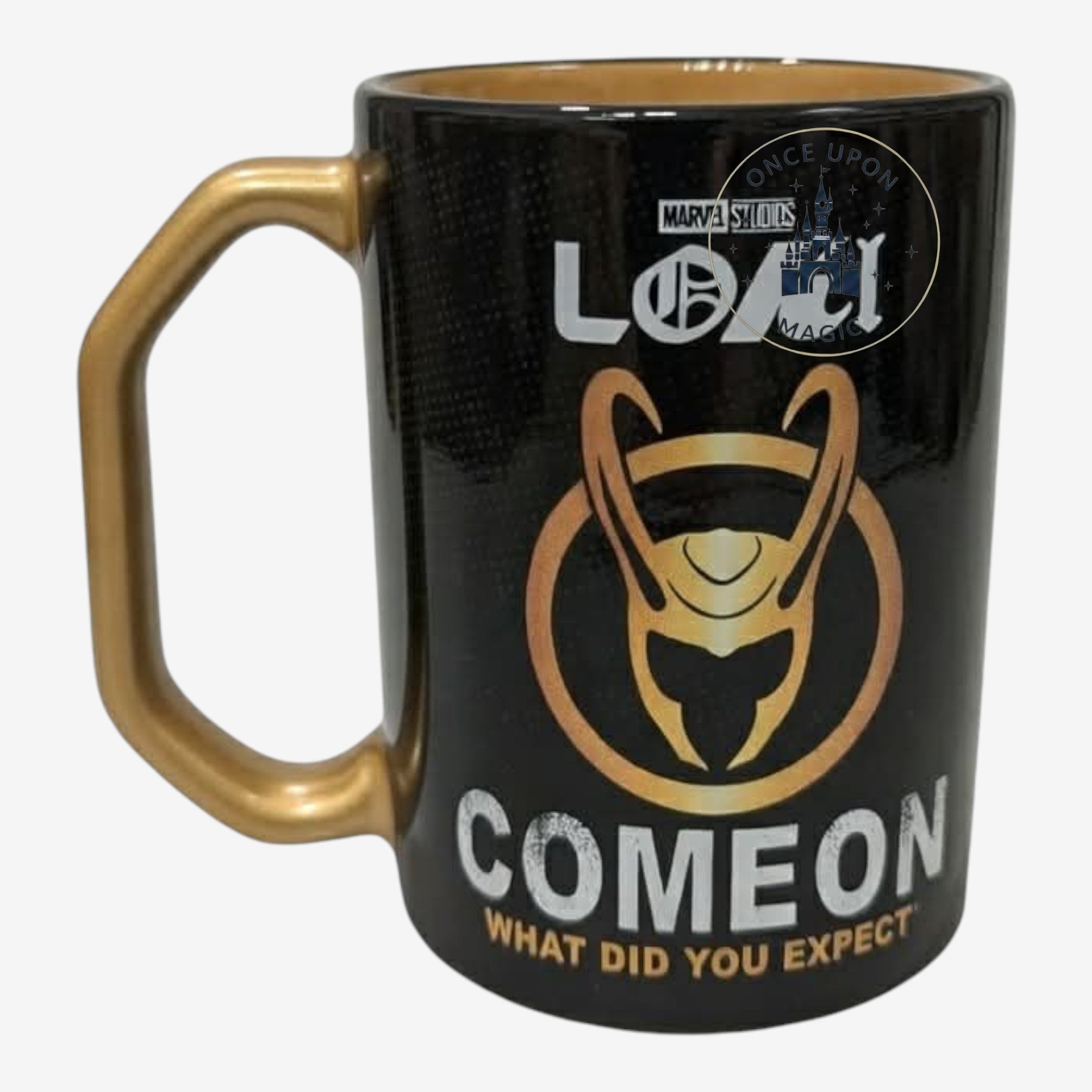 Once Upon Magic black and gold Loki mug with horned helmet and "Come on, what did you expect" text.