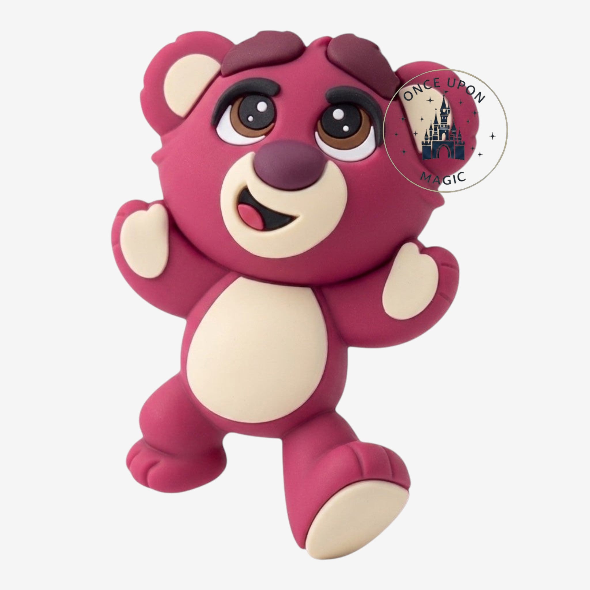 Once Upon Magic Lotso bear magnet from Toy Story 3, a pink plush character with a cream belly and detailed features.