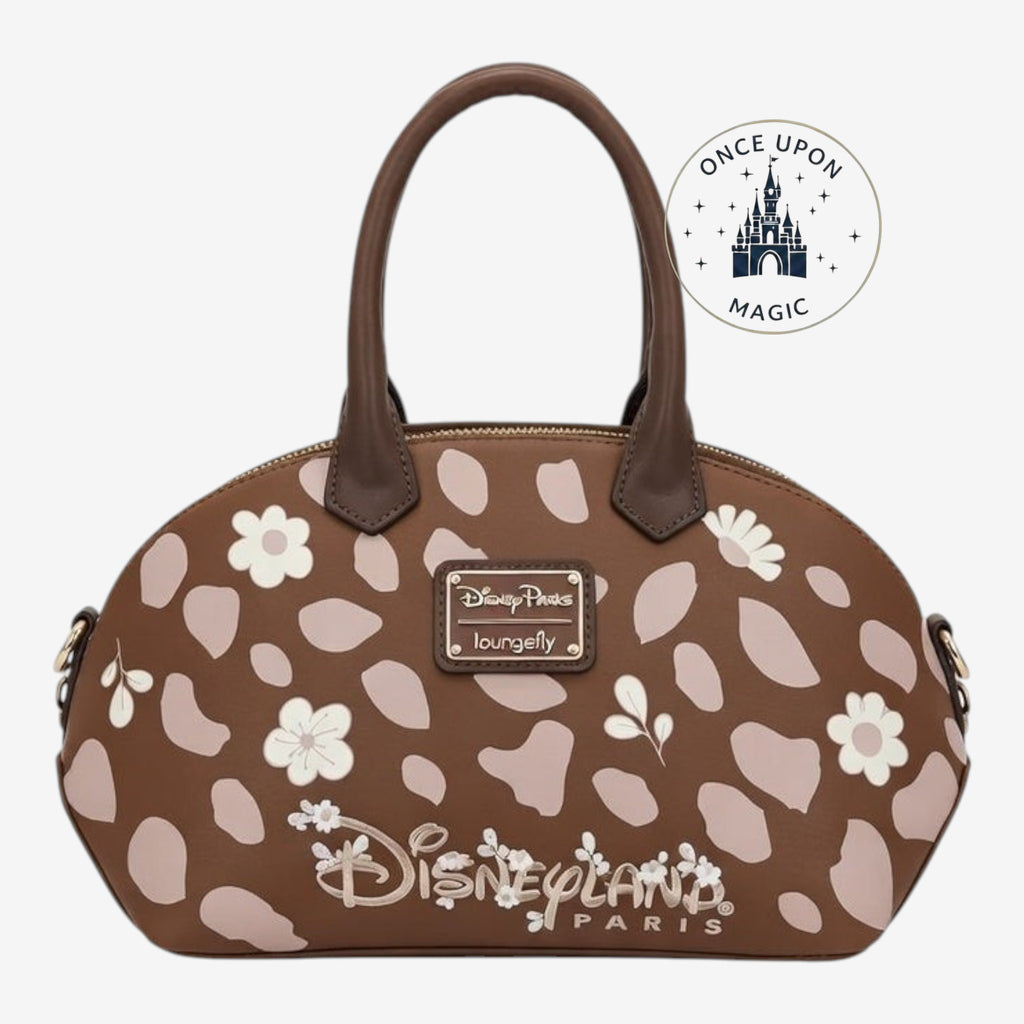 Once Upon Magic brown vegan leather Loungefly Bambi bag with floral and leaf print, Disneyland Paris logo.
