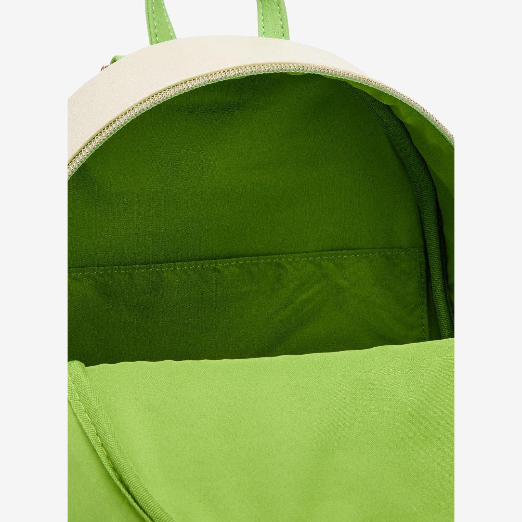 Once Upon Magic Loungefly mini backpack featuring Belle reading in a forest scene. Cream exterior with green trim and interior.