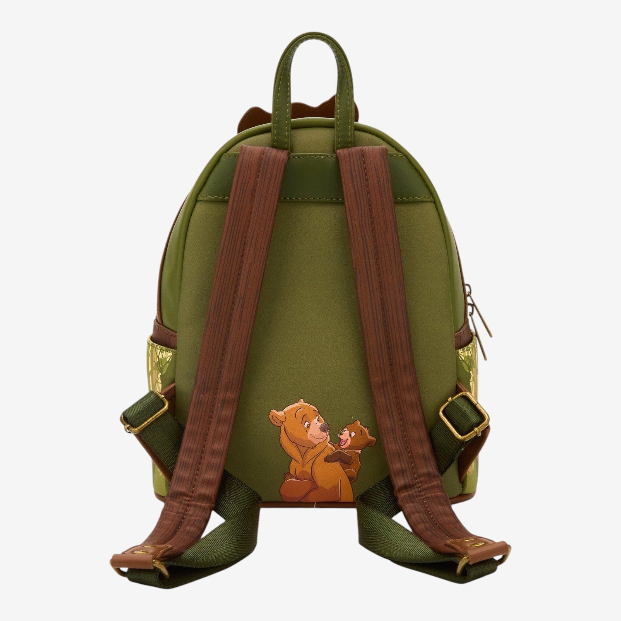 Once Upon Magic Loungefly mini backpack featuring Koda and Kenai from Brother Bear, with wood-print straps and side pockets.