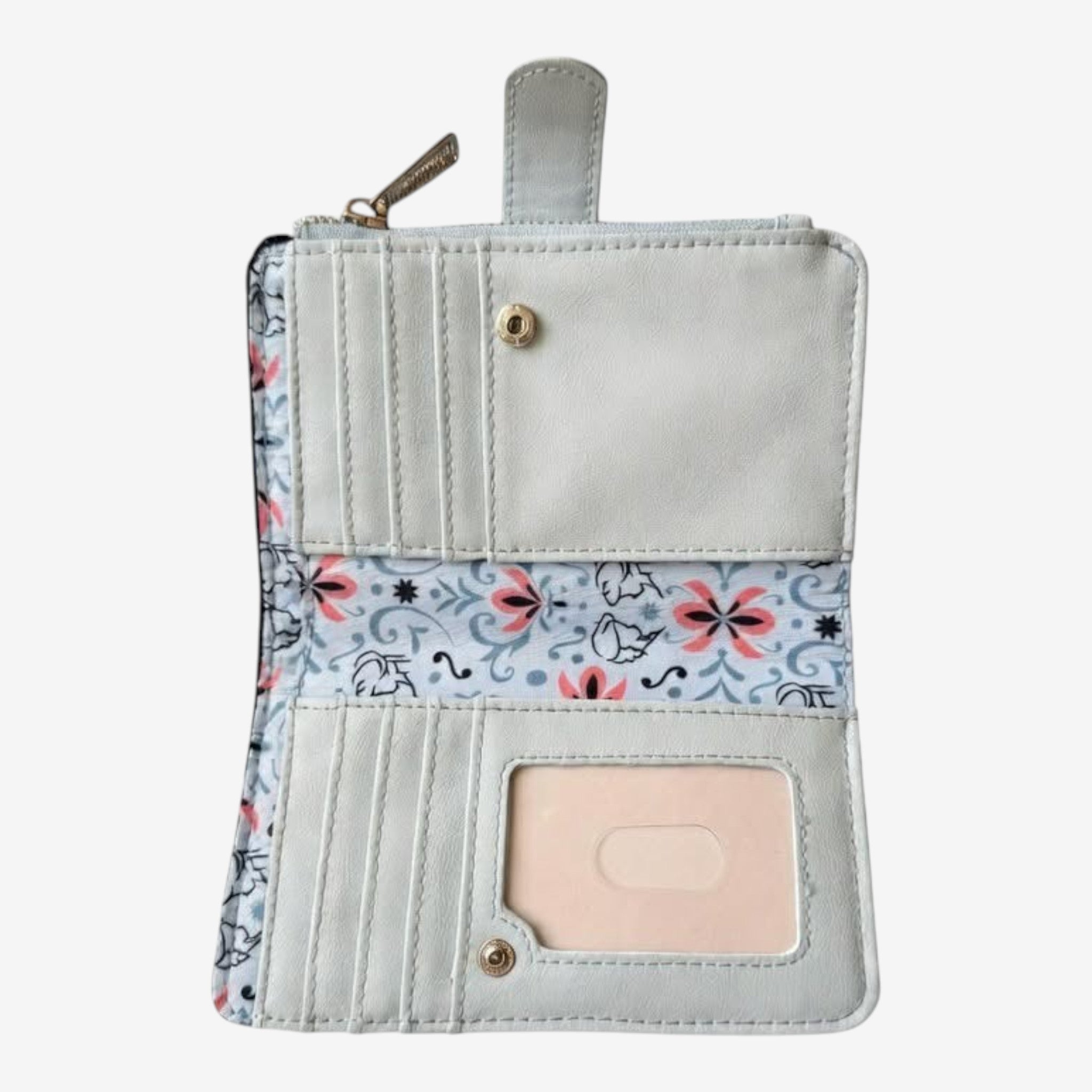 Once Upon Magic Loungefly Anna & Elsa wallet with floral print and card slots.