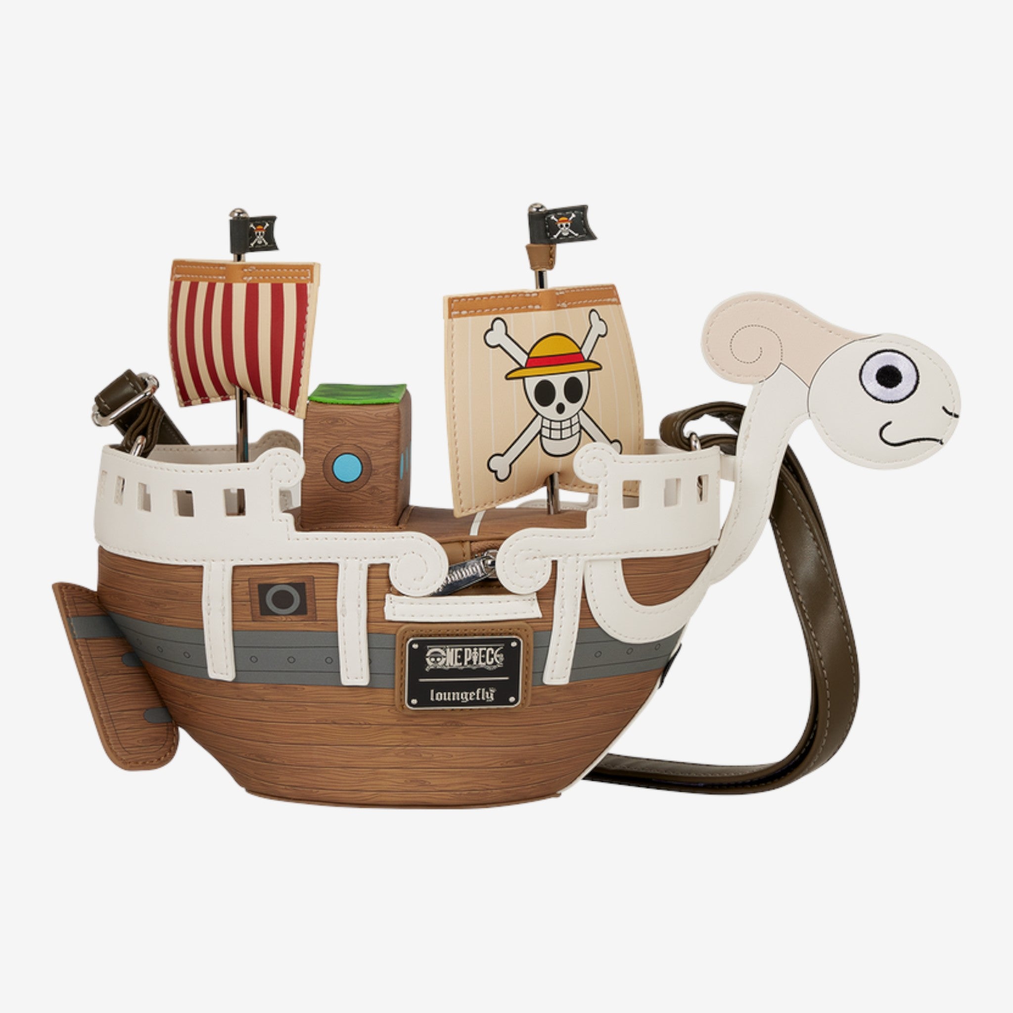 Once Upon Magic Loungefly One Piece Going Merry ship crossbody bag with ram figurehead and Jolly Roger sail.