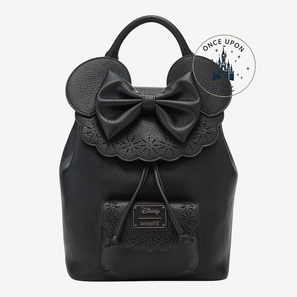 Once Upon Magic black textured pebble faux leather Loungefly Minnie Mouse mini backpack with 3D bow and ears.