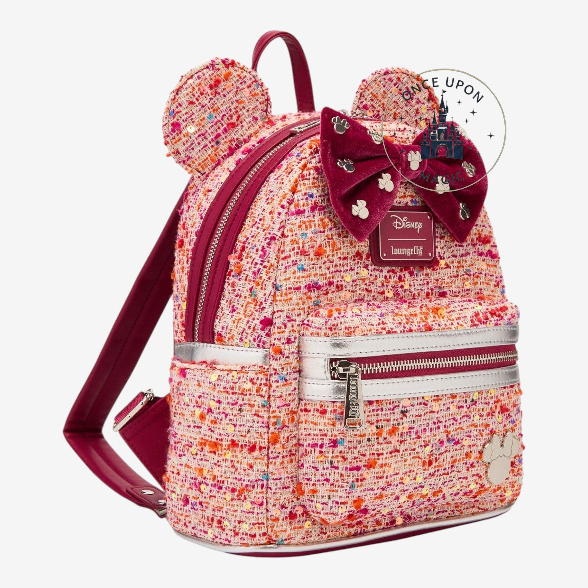 Once Upon Magic Loungefly Pink Bouclé Fabric Minnie Mouse Ears Mini Backpack with sequin details and velvet bow.