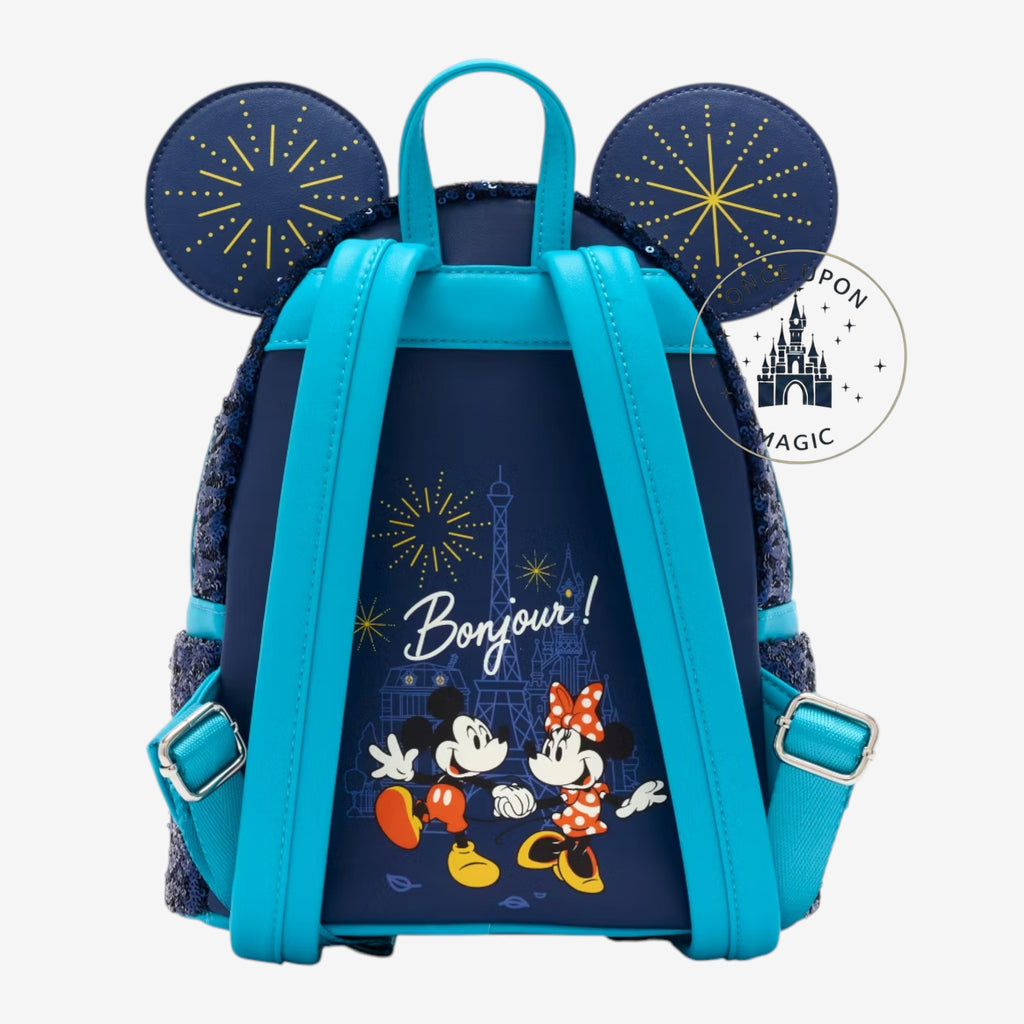 Once Upon Magic Loungefly Paris backpack featuring Mickey and Minnie Mouse, Eiffel Tower print, and sequin ears.