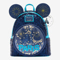 Once Upon Magic Loungefly Paris backpack with blue sequins, Mickey ears, and Eiffel Tower fireworks design.