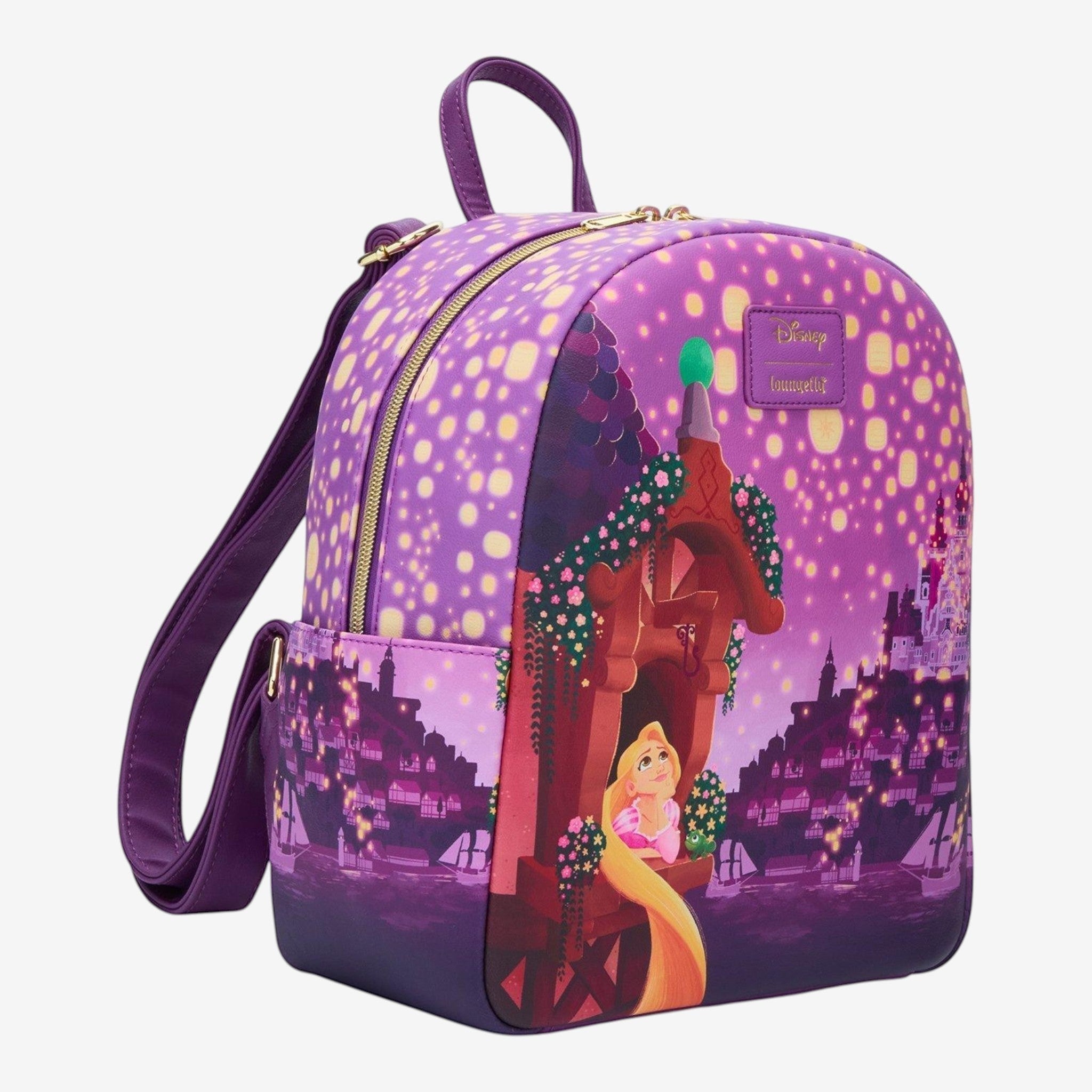 Once Upon Magic Loungefly Disney Rapunzel Night Lanterns mini backpack, purple faux leather with Rapunzel scene.