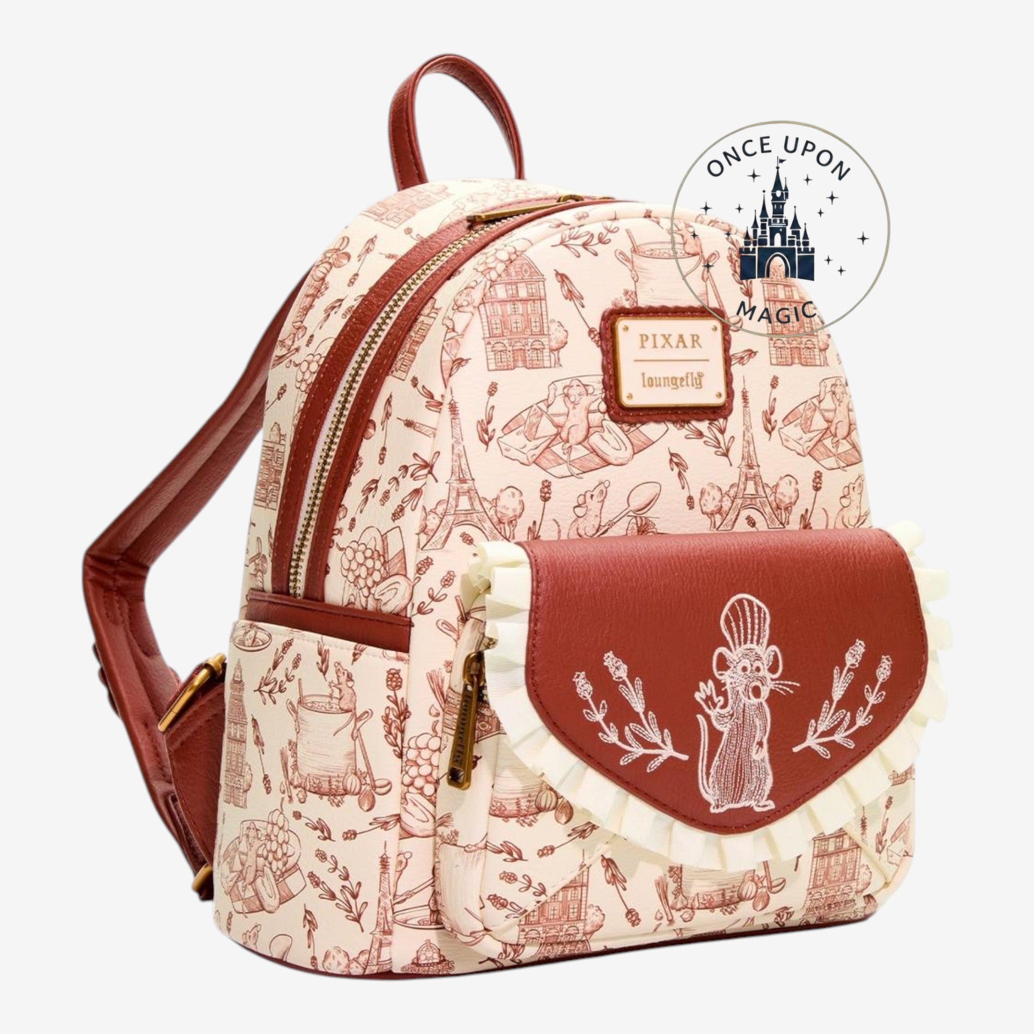 Mini sac Loungefly Ratatouille avec Rémy brodé et finitions rouges – vue trois quarts