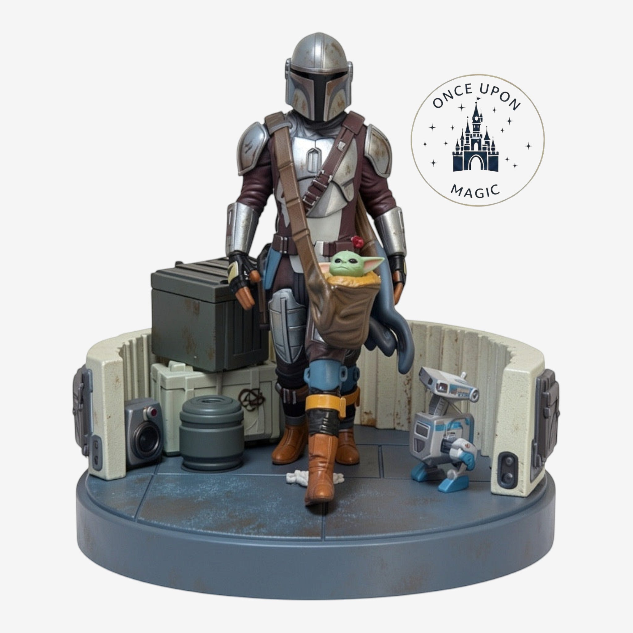 Once Upon Magic Mandalorian and Grogu figurine with detailed armor, brown cape, and blaster. Includes a small droid.