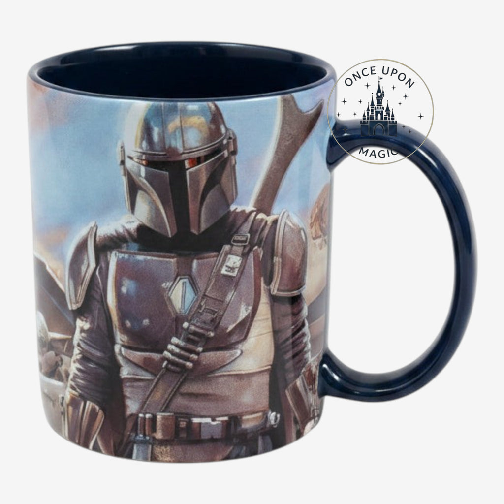 Once Upon Magic The Mandalorian ceramic coffee mug in navy blue featuring a detailed bounty hunter graphic.