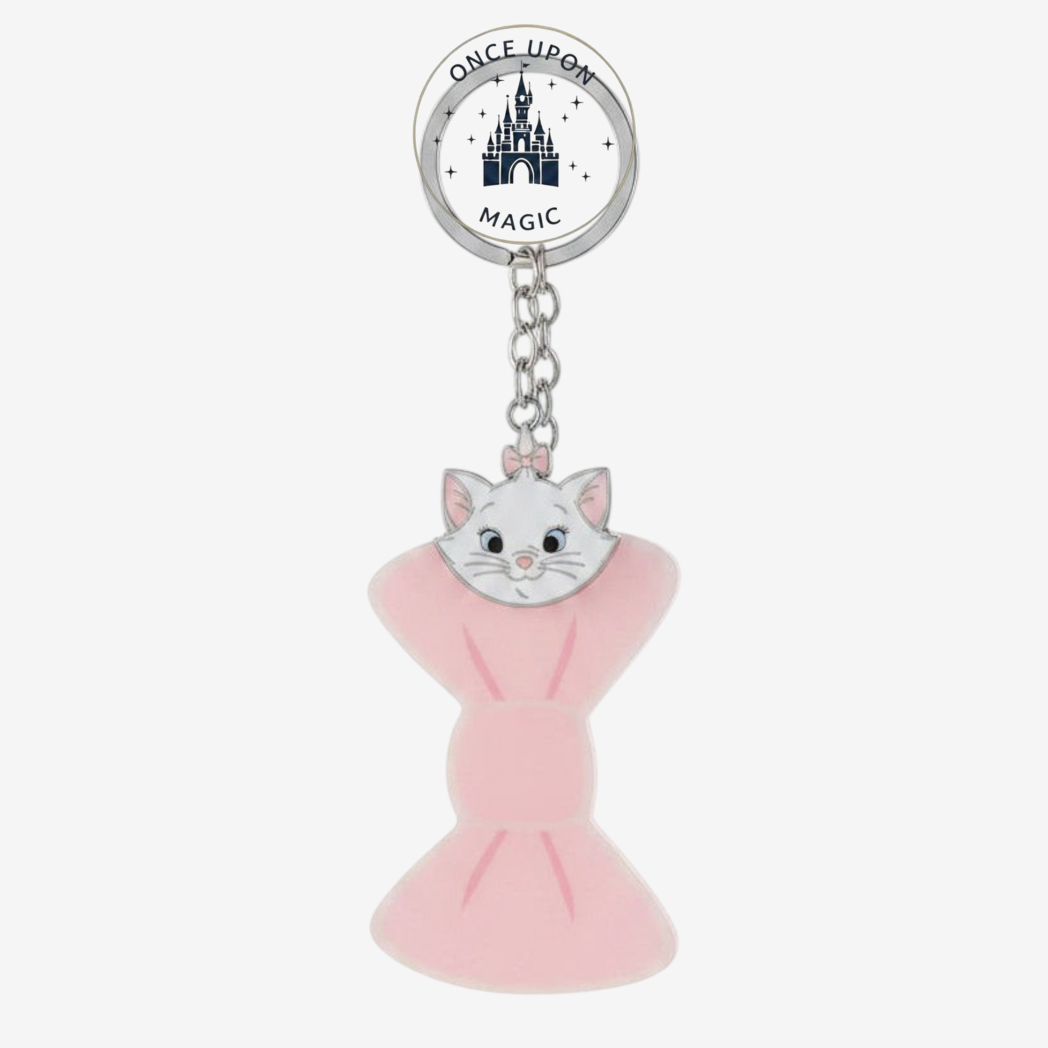 Once Upon Magic Marie Aristocats keychain featuring a white enamel cat head with a large pink resin bow charm