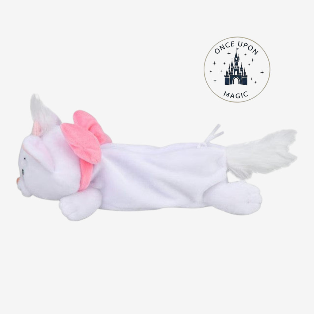 Once Upon Magic white plush pencil case shaped like Marie from The Aristocats, with a pink bow.