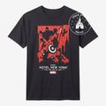 Once Upon Magic black 100% cotton t-shirt featuring a red and black graphic of Avengers silhouettes in a stained-glass style, inspired by Hotel New York - The Art of Marvel.
