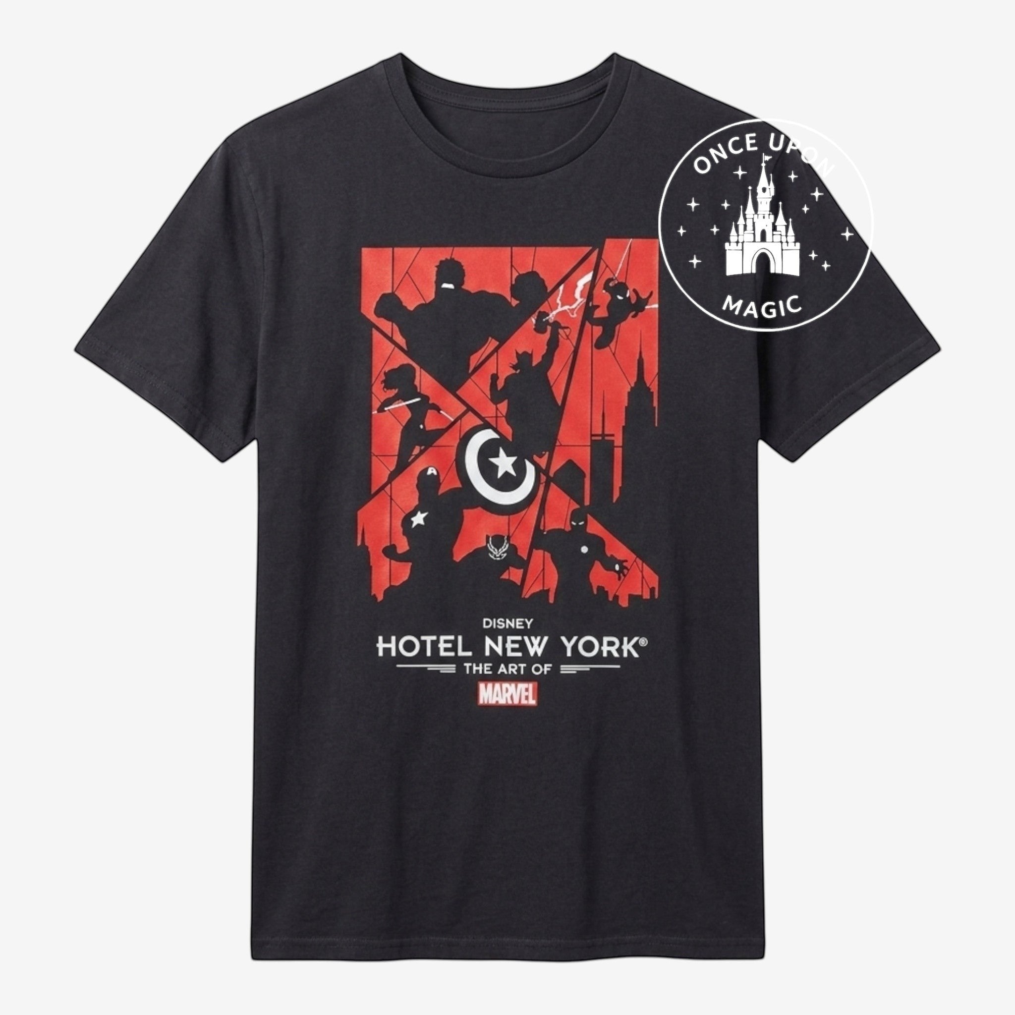 Once Upon Magic black 100% cotton t-shirt with graphic print of Avengers in red and black urban stained glass style.