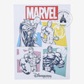 Once Upon Magic Marvel Disneyland Paris wall art print featuring stylized illustrations of Thor, Iron Man, and others.