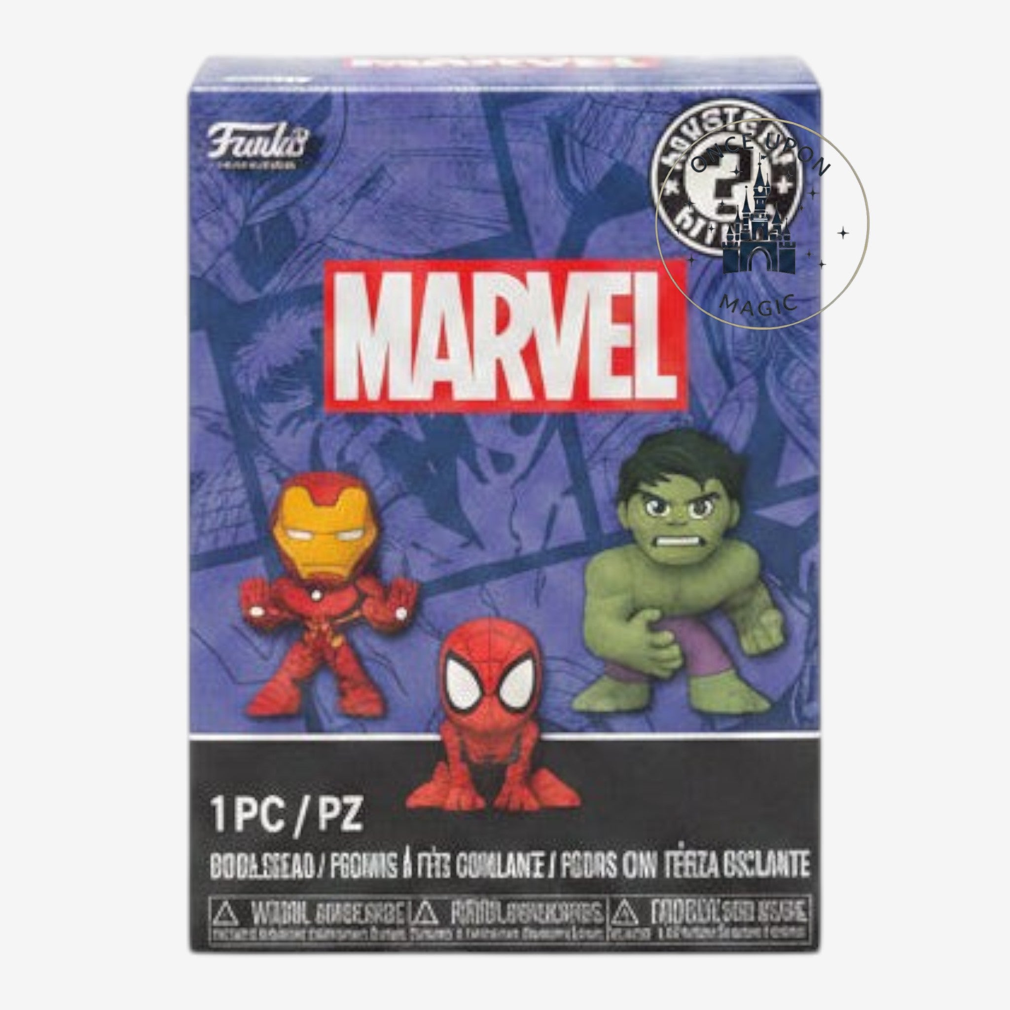 Once Upon Magic Funko Mystery Minis Marvel blind box featuring Iron Man, Spider-Man, and Hulk figurines.