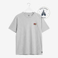 Once Upon Magic heather grey cotton-blend crew neck t-shirt with embroidered Spider-Man and Iron Man mask detail.