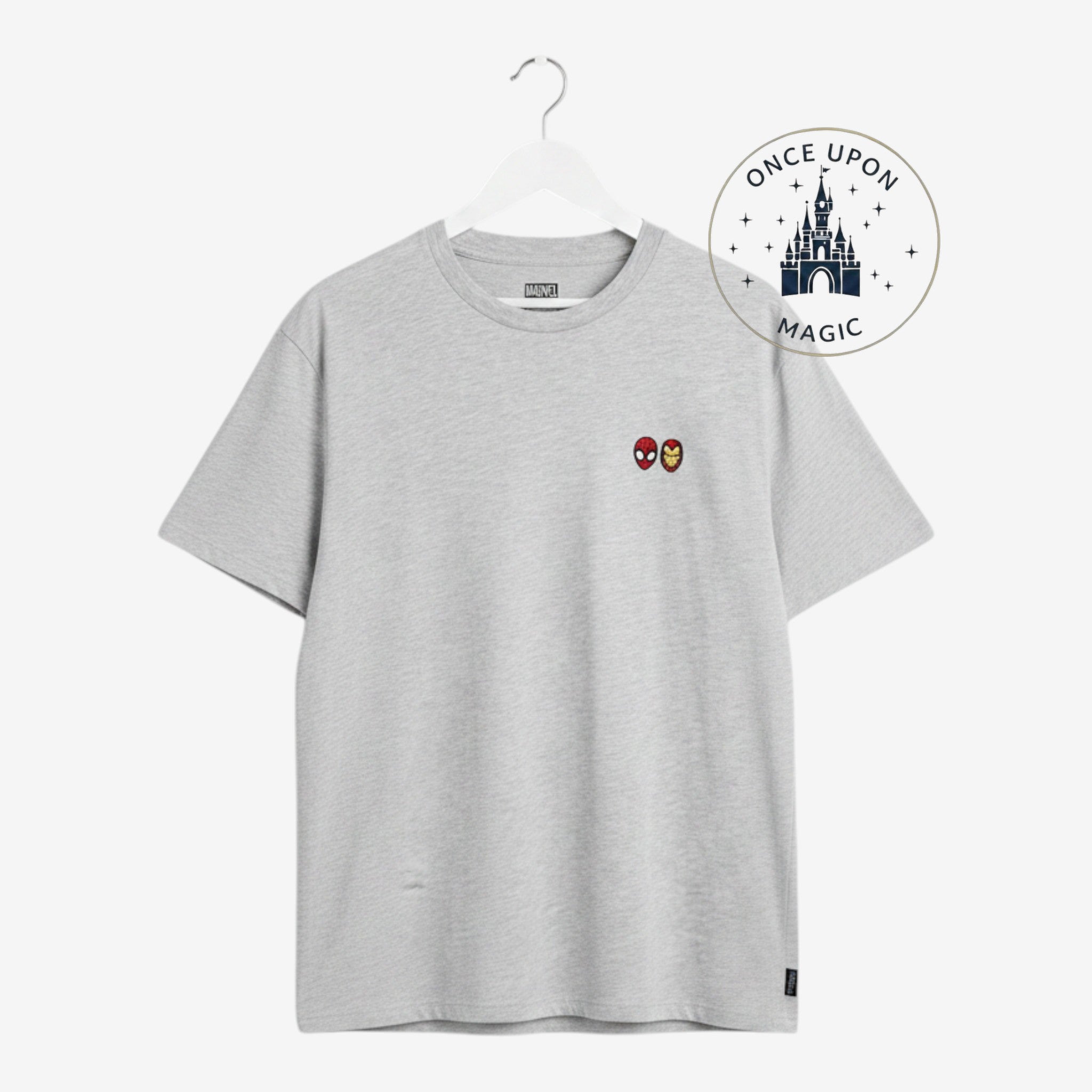 Once Upon Magic heather grey cotton-blend crew neck t-shirt with embroidered Spider-Man and Iron Man mask detail.
