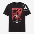 Once Upon Magic black cotton t-shirt with a graphic print of Marvel heroes in red and black, featuring Hotel New York logo.