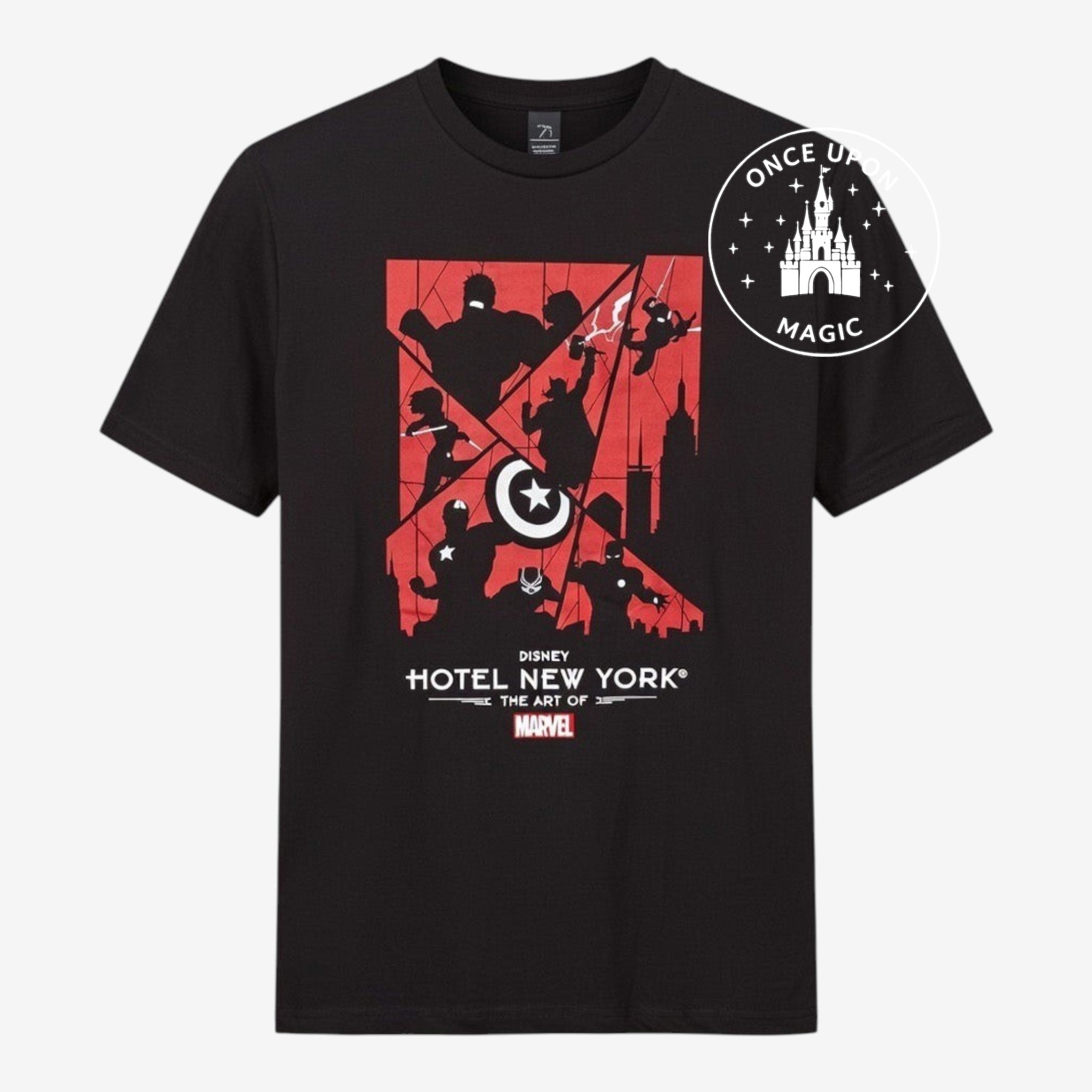 Once Upon Magic black cotton t-shirt with a graphic print of Marvel heroes in red and black, featuring Hotel New York logo.