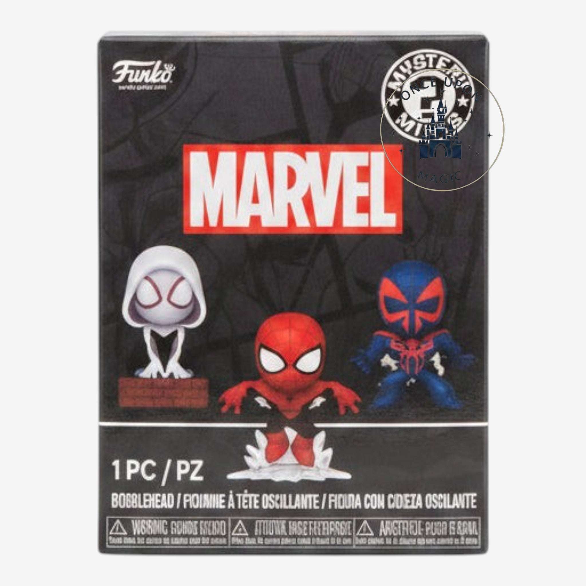 Once Upon Magic Funko Mystery Minis Marvel Spider-Man blind box featuring three stylized vinyl bobble-head figures