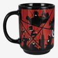Once Upon Magic black ceramic mug featuring Marvel superhero silhouettes and NYC skyline on a red background.