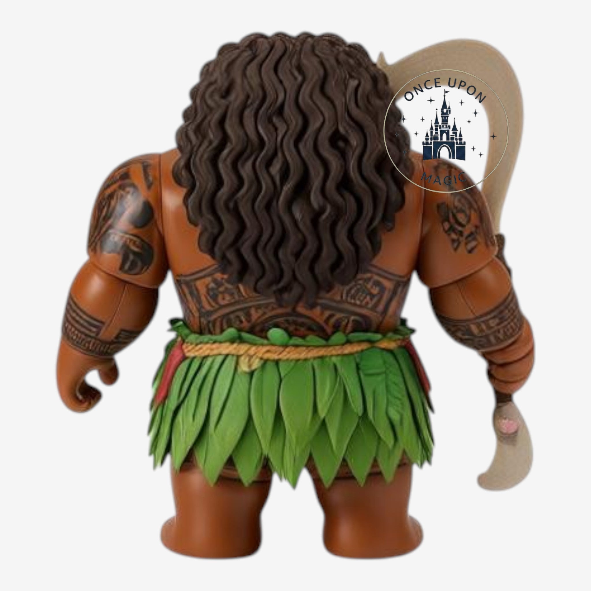 Back view of Once Upon Magic Maui talking action figure from Vaiana 2 with detailed tattoos and leaf skirt.