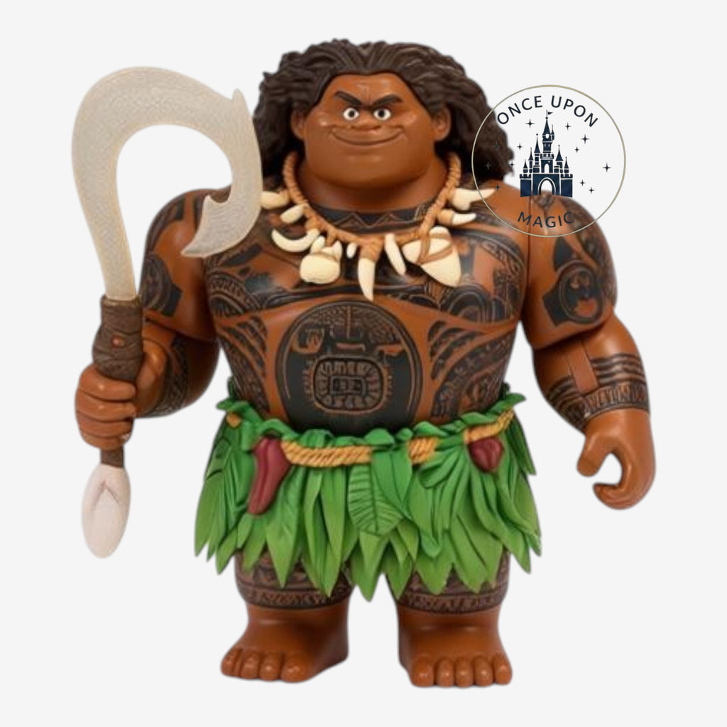 Once Upon Magic Maui talking action figure from Vaiana 2 with detailed tattoos, leaf skirt, and magical fishhook.