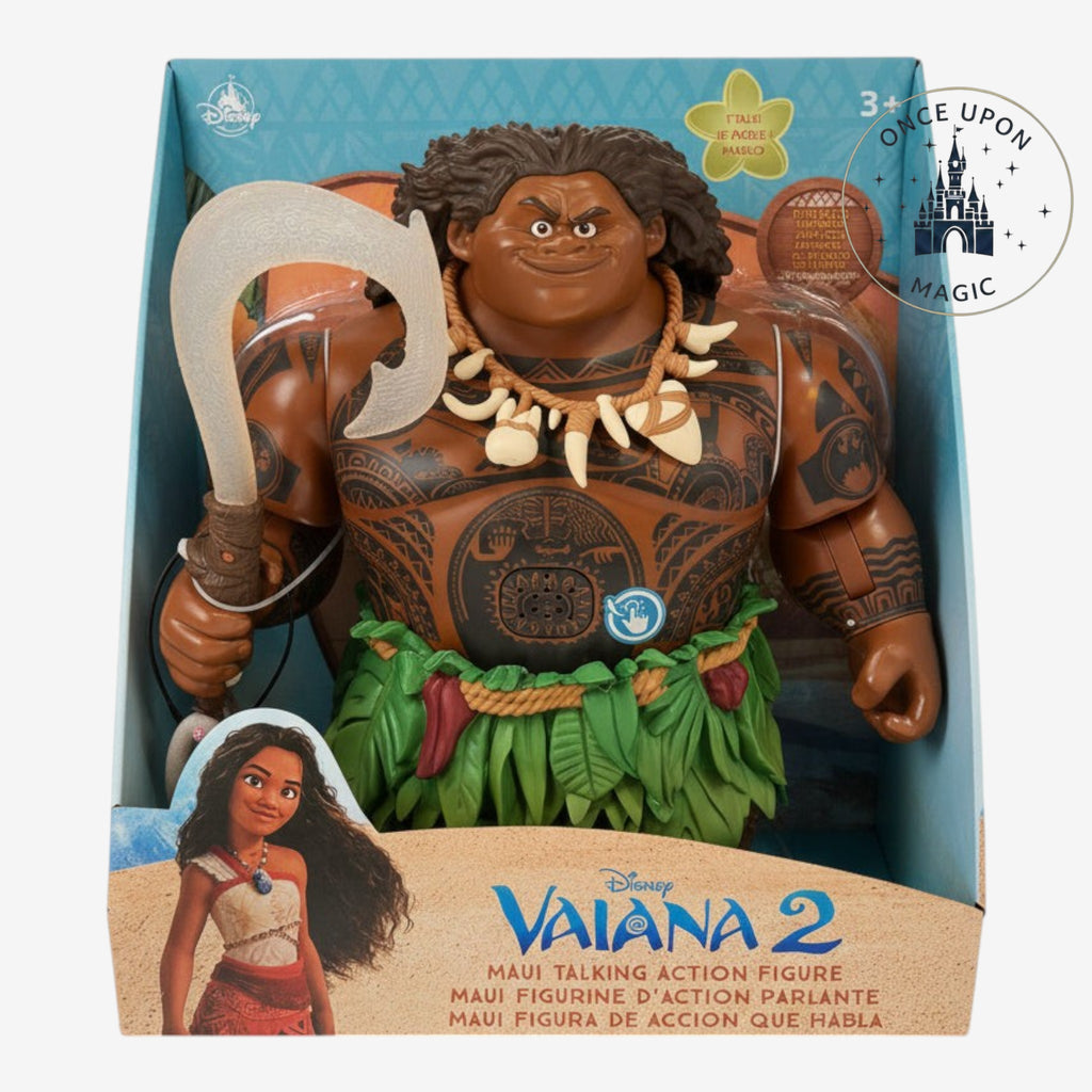 Once Upon Magic Maui talking action figure from Vaiana 2 with fishhook accessory, leaf skirt, and detailed tattoos.