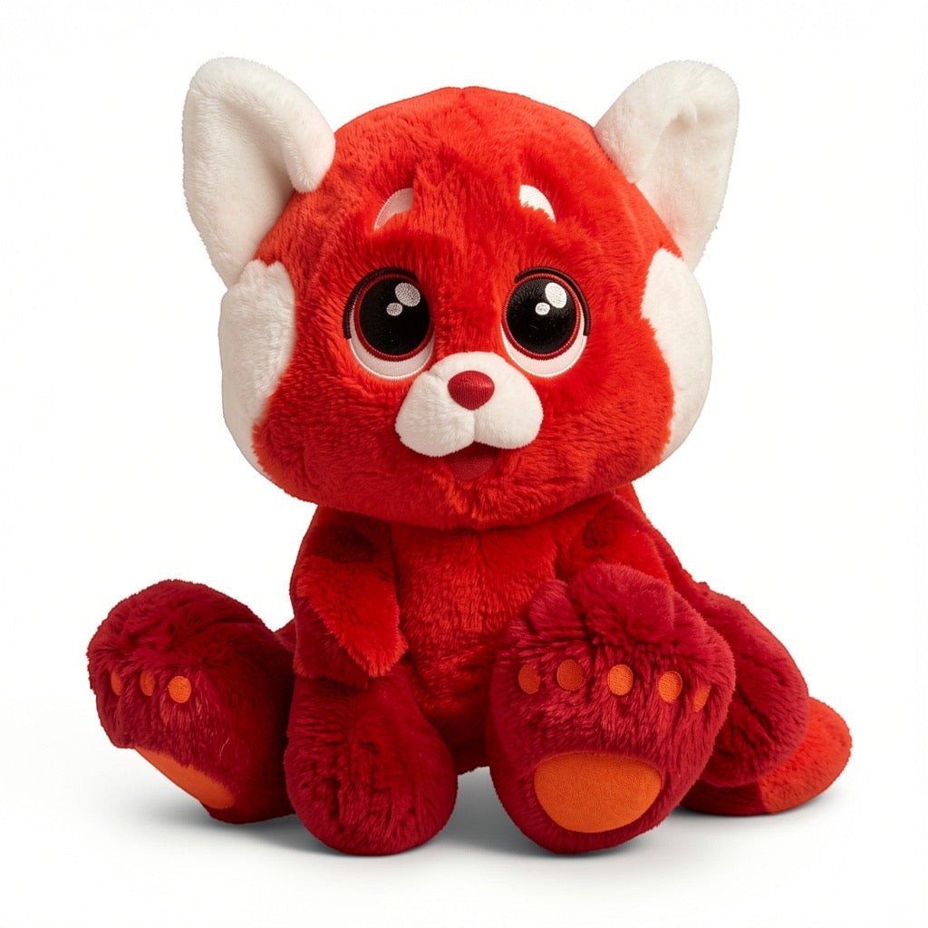 Once Upon Magic red plush Mei panda from Turning Red with big feet and white ears, inspired by Disney Pixar.