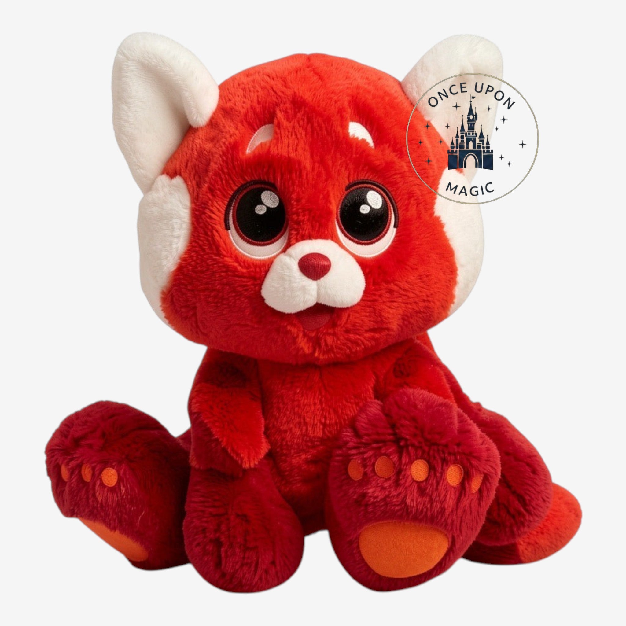 Once Upon Magic red plush Mei panda from Turning Red with big feet and white ears, inspired by Disney Pixar.