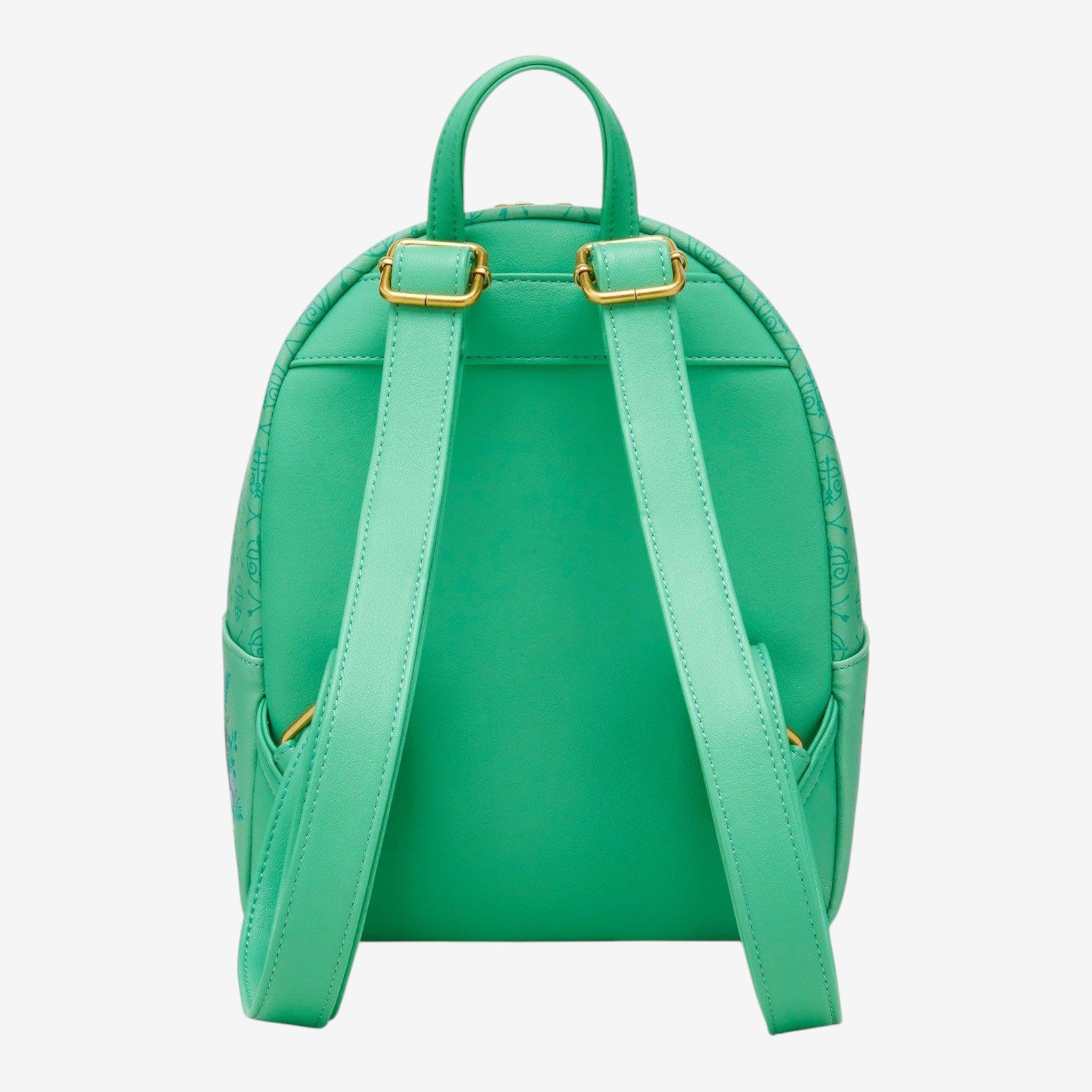 Once Upon Magic green faux leather mini backpack with Mérida and bear cubs floral print, adjustable straps, and gold hardware.
