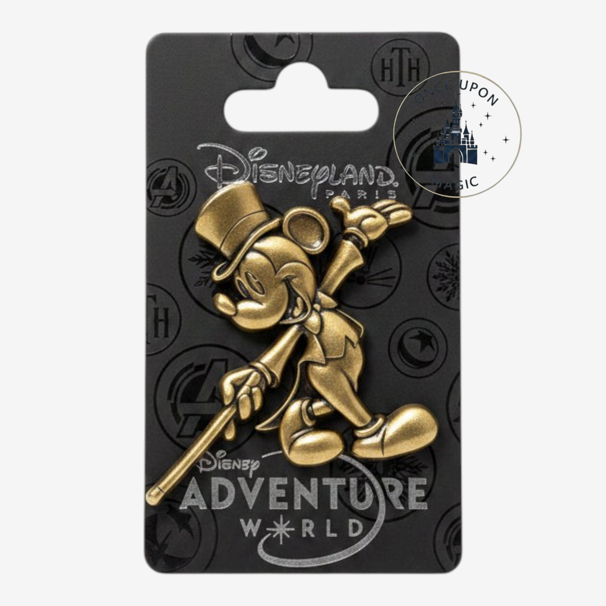 Once Upon Magic gold Mickey Mouse pin featuring a top hat and cane from the Disney Adventure World collection.