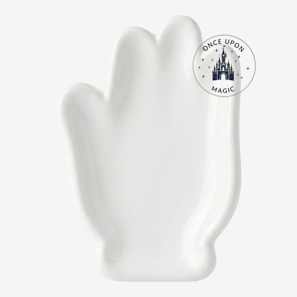 Once Upon Magic white ceramic soap dish shaped like Mickey Mouse's hand, Disneyland Paris exclusive.