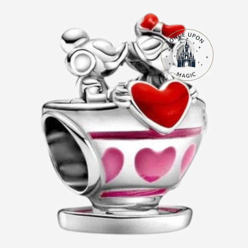 Once Upon Magic Pandora Disney charm featuring Mickey and Minnie in a teacup with red and pink heart details
