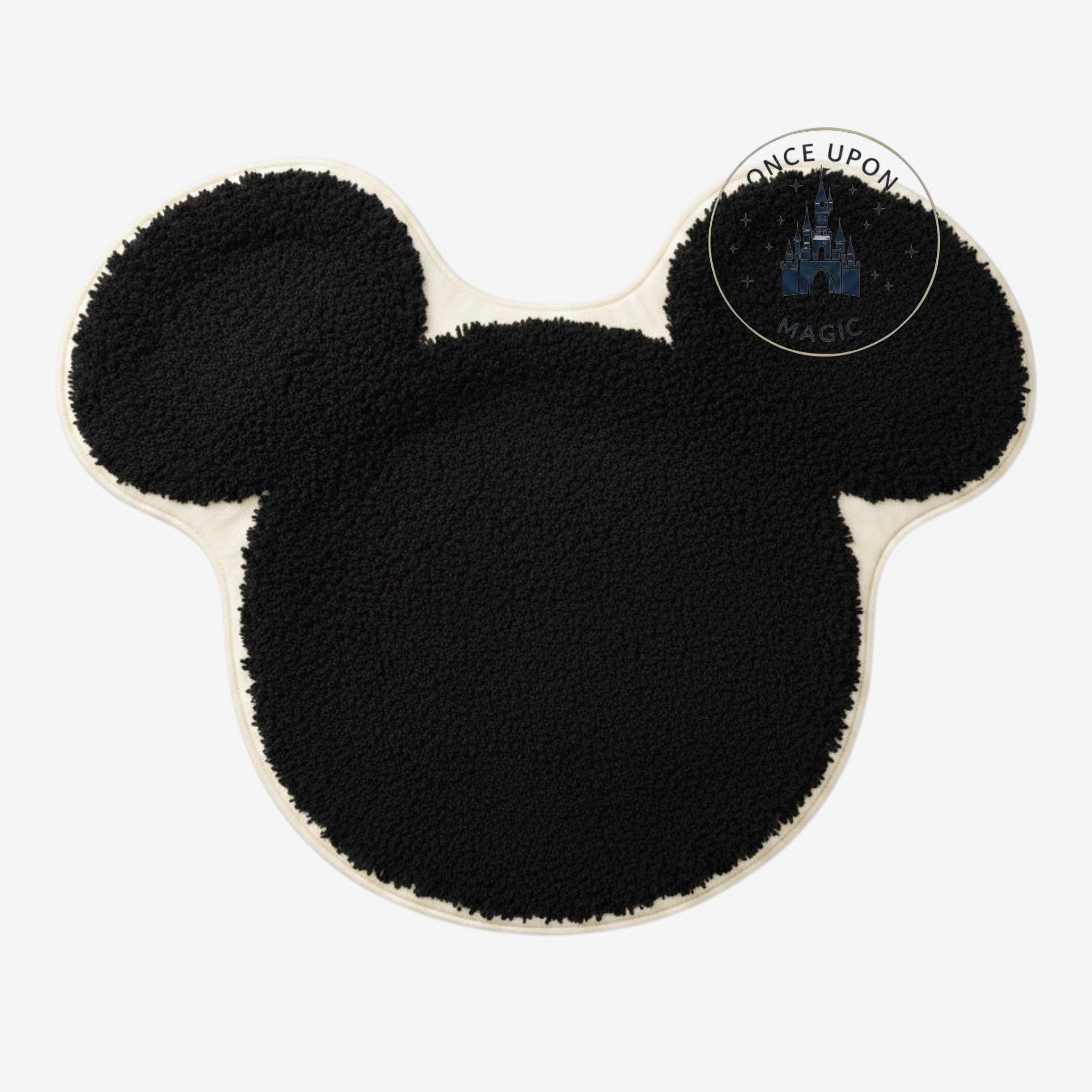 Once Upon Magic Mickey Mouse shaped black and white bath mat with a soft textured finish for bathroom decor.
