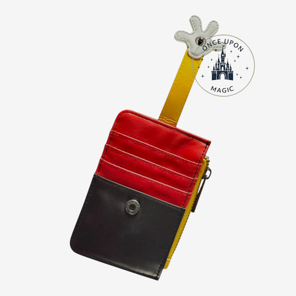 Once Upon Magic Disneyland Paris Mickey Mouse card holder wallet with red, black, and yellow glove snap closure.