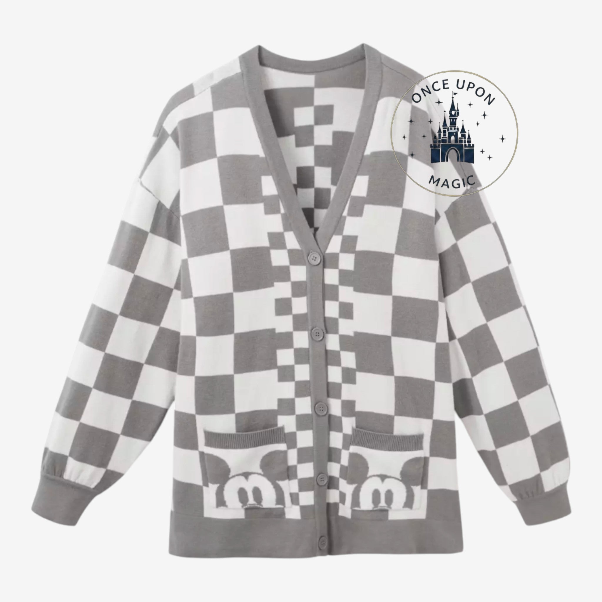 Once Upon Magic grey and white checkered knit cardigan with Mickey Mouse faces on pockets. V-neck, button front.
