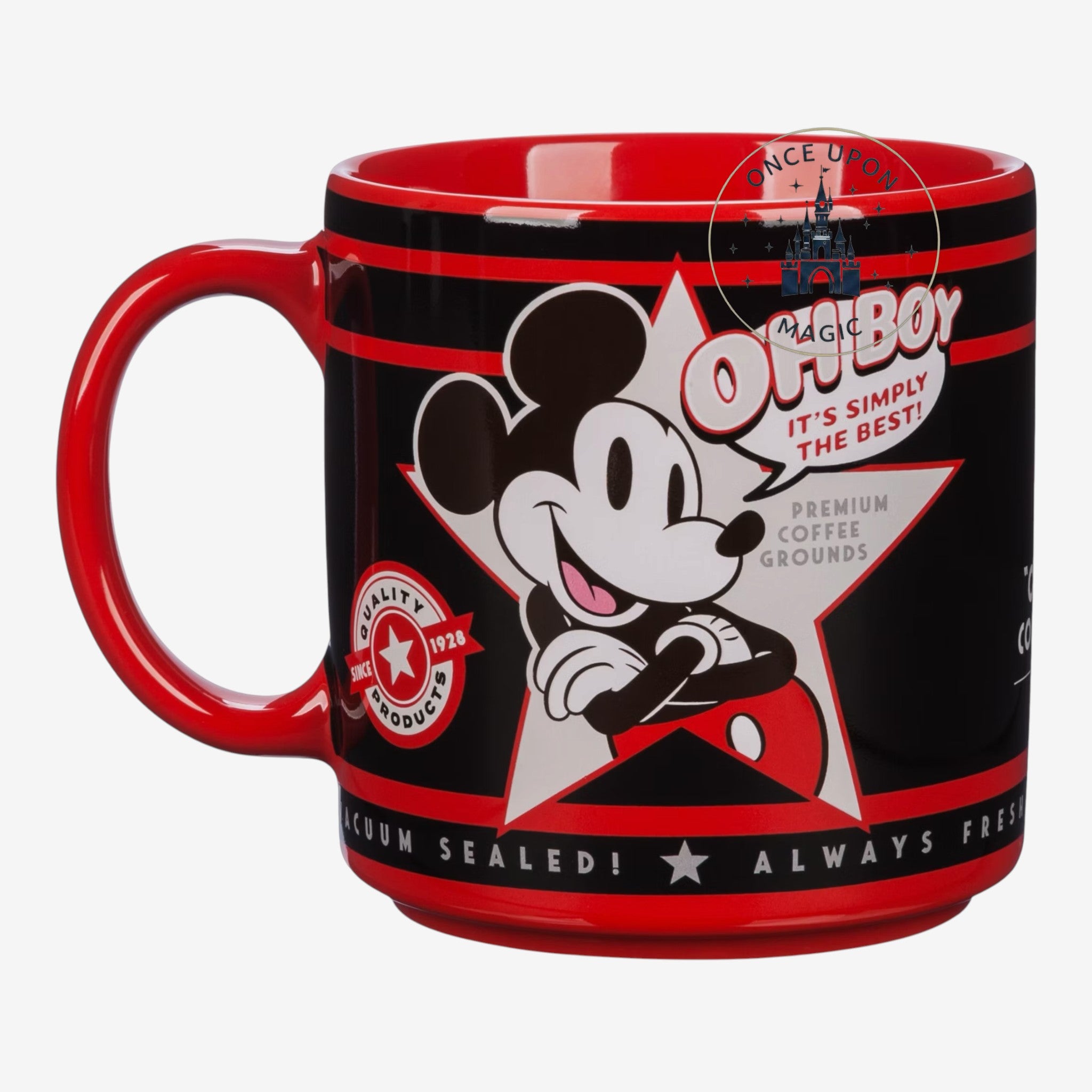 Once Upon Magic Mickey Mouse ceramic coffee mug in red and black with retro Oh Boy graphic design