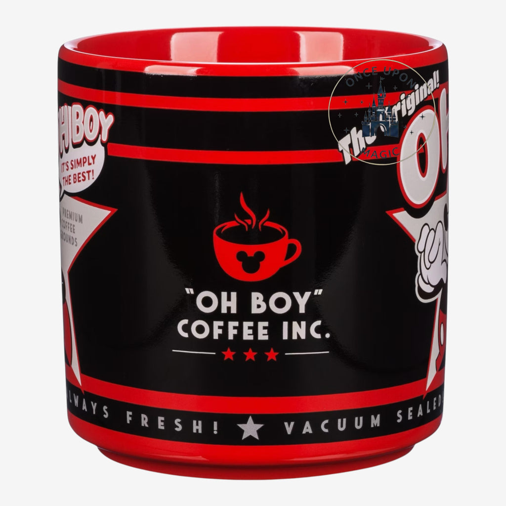 Once Upon Magic Mickey Mouse ceramic coffee mug in red and black with vintage Oh Boy branding and graphic design.