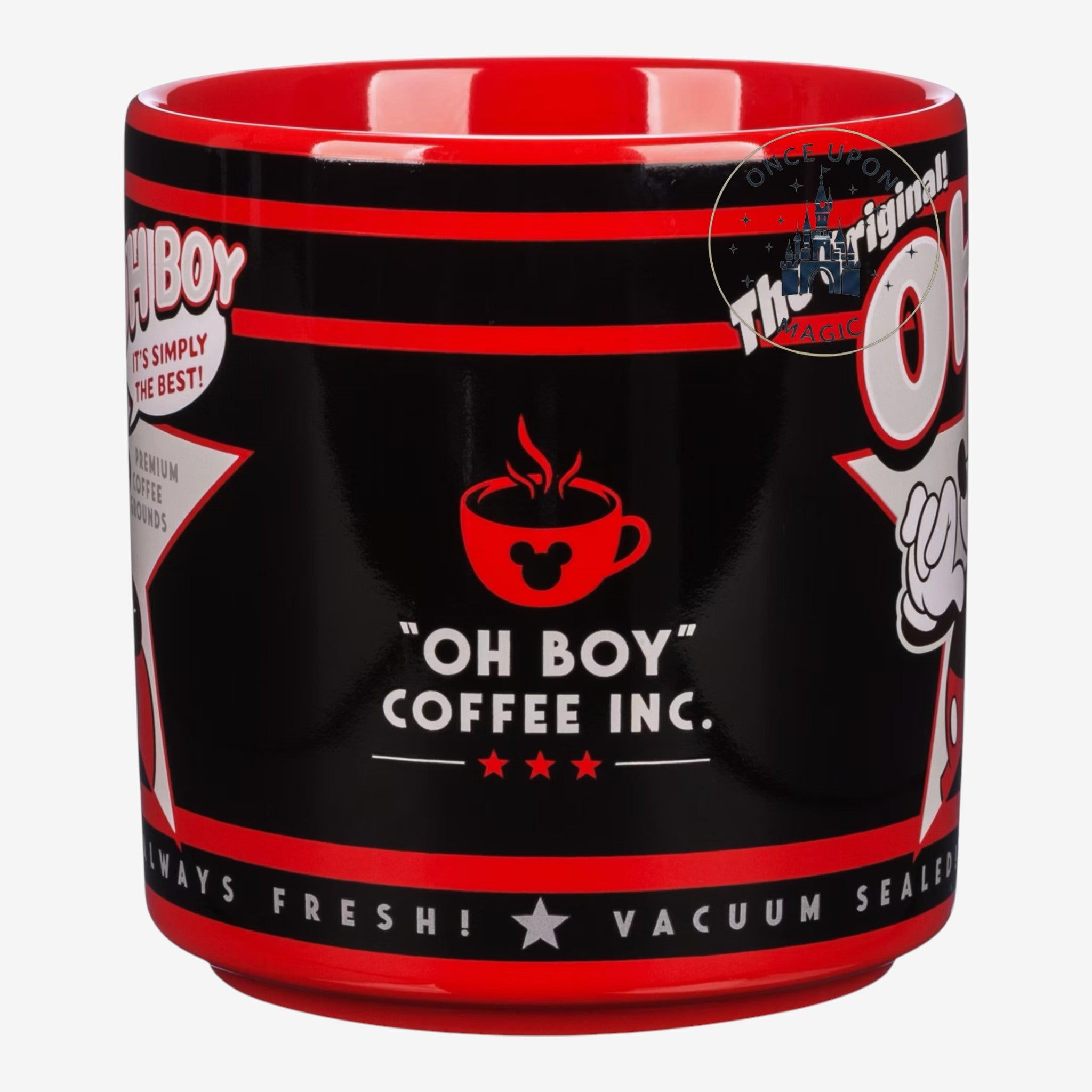 Once Upon Magic Mickey Mouse ceramic coffee mug in red and black with vintage Oh Boy branding and graphic design.