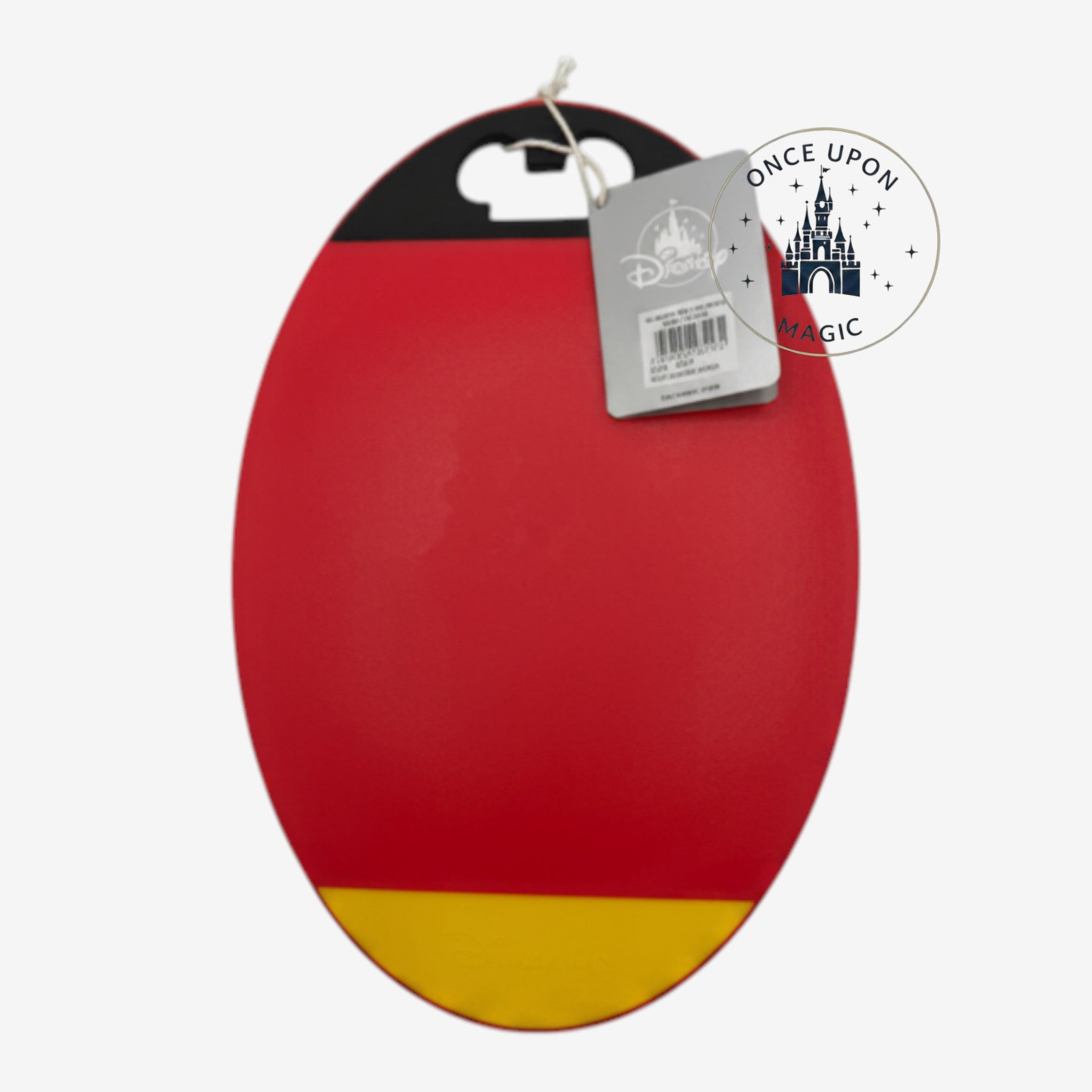 Once Upon Magic Mickey Mouse themed oval cutting board in red, black, and yellow with a convenient handle hole.